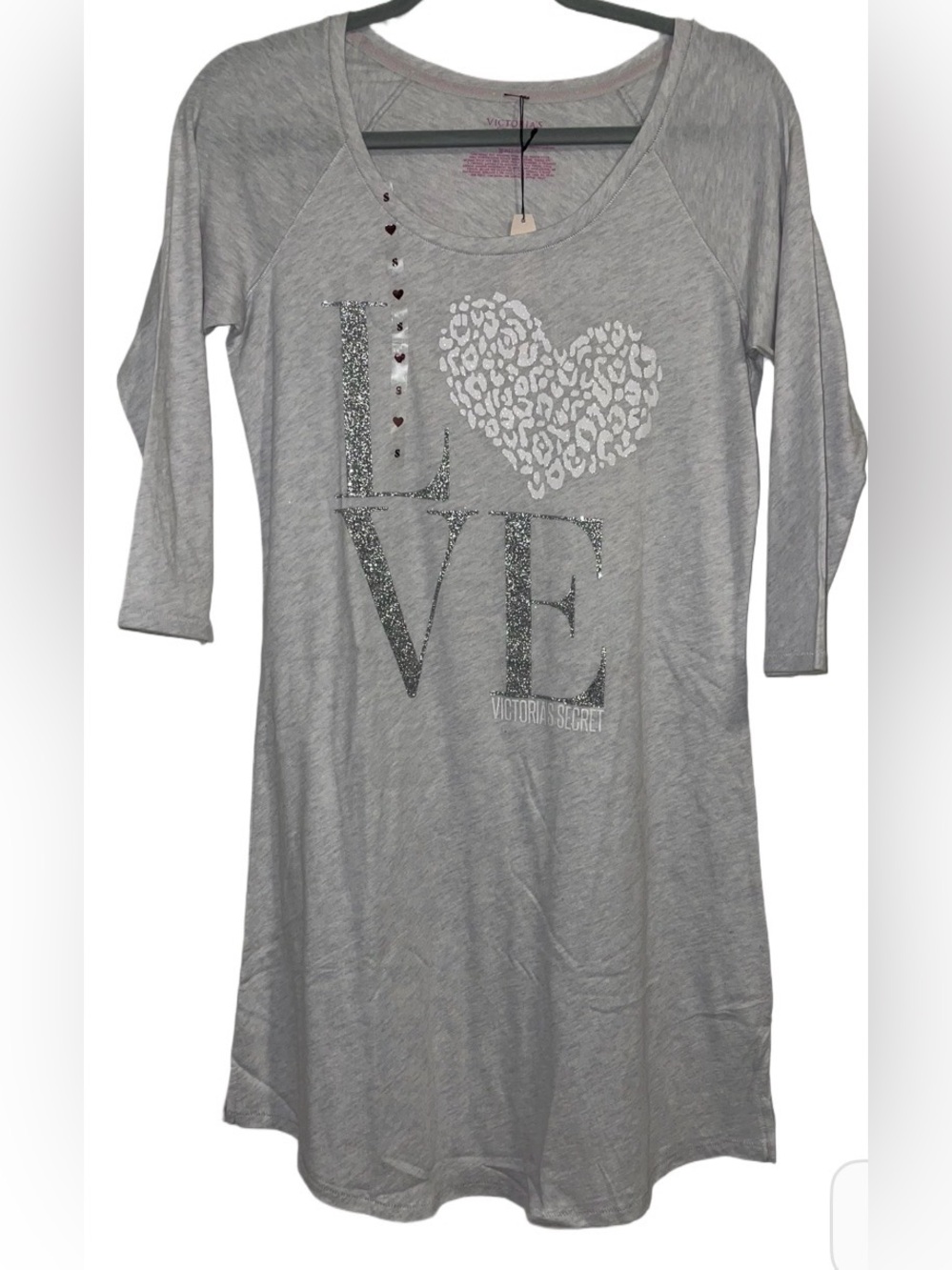 Victoria's Secret Light Gray Nightshirt with Glitter Heart Leopard Print